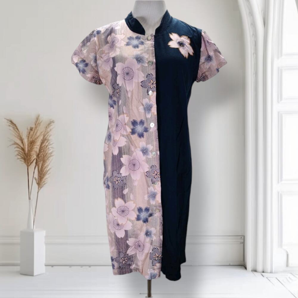 Vintage Made in Hawaii Mandarin Collar Shift Dress Pink Blue Floral L